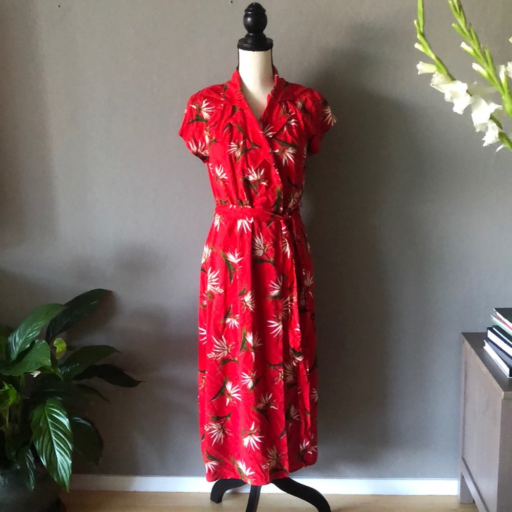 Red printed midi wrap dress